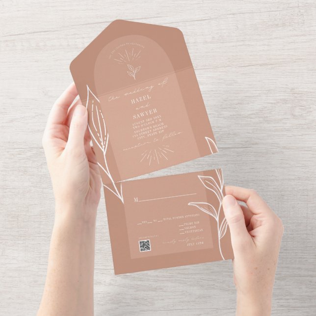 Invitación Todo En Uno Boda botánico Terracotta Arch QR RSVP (desgarro)