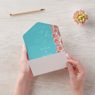 Invitación Todo En Uno Boda botánico verde azulado y coralino