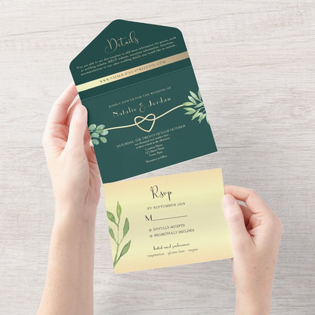 Invitación Todo En Uno Boda botánico verde esmeralda (desgarro)
