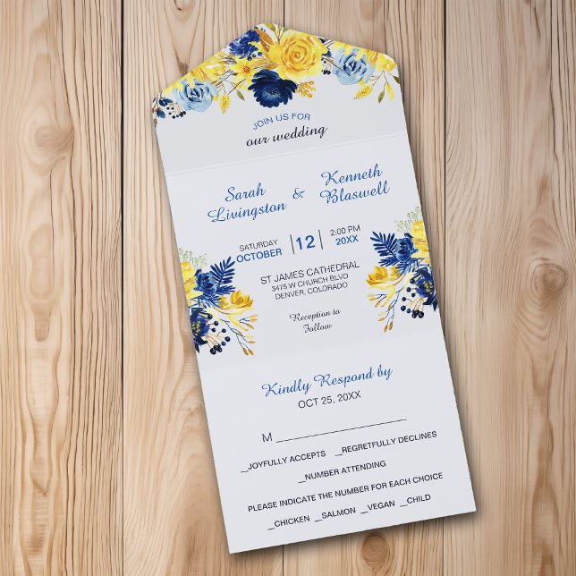 Invitación Todo En Uno Boda Bright Gold Navy Blue Floral Bouquet (Subido por el creador)