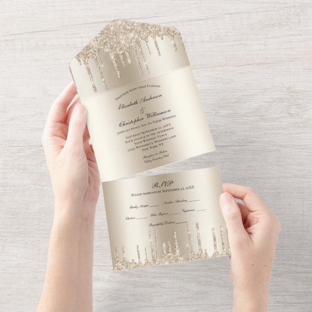 Invitación Todo En Uno Boda Brillo Champagne Goteo Glam Bling (desgarro)