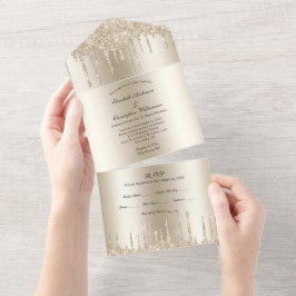 Invitación Todo En Uno Boda Brillo Champagne Goteo Glam Bling