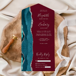 Invitación Todo En Uno Boda Burgundy Ágata Plateada Verde Teal