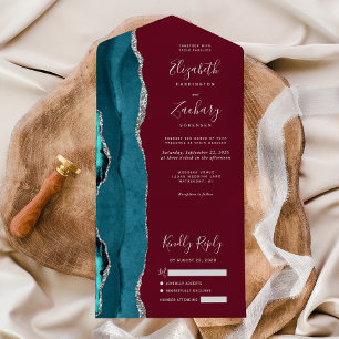 Invitación Todo En Uno Boda Burgundy Ágata Plateada Verde Teal