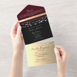 Invitación Todo En Uno Boda Burgundy Black Gold String Lights