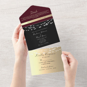 Invitación Todo En Uno Boda Burgundy Black Gold String Lights