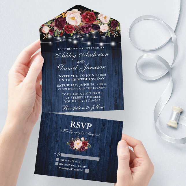 Invitación Todo En Uno Boda Burgundy Floral Blue Wood Lights (All In One Wedding Invitation with tear off RSVP Card)