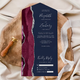 Invitación Todo En Uno Boda Burgundy Plata Ágata Azul Marino