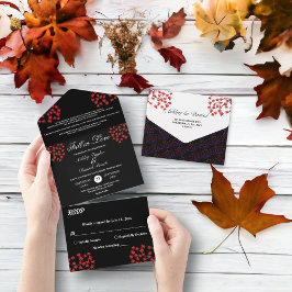 Invitación Todo En Uno Boda Caída De Las Hojas Rústicas Negras Y Blancas 