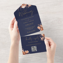 Boda Caída Del Código QR Floral Azul Y Oro De La M
