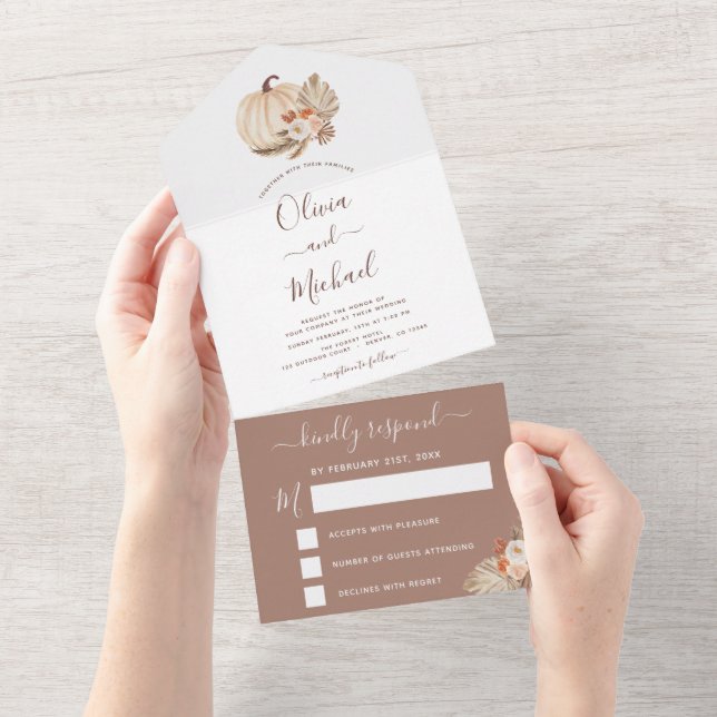 Invitación Todo En Uno Boda Calabazas Blancas Boho Terracotta RSVP (desgarro)