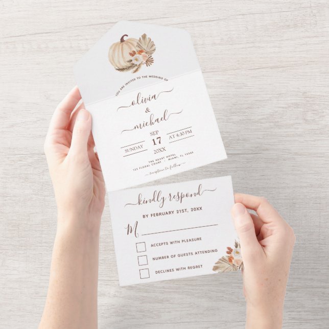 Invitación Todo En Uno Boda Calabazas Blancas Boho Terracotta RSVP (desgarro)