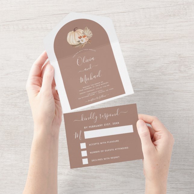 Invitación Todo En Uno Boda Calabazas Blancas Boho Terracotta RSVP (desgarro)