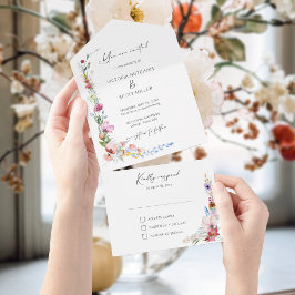 Invitación Todo En Uno Boda Caligrafía Flor Silvestre Acuarela Boho