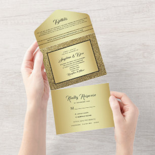 Invitación Todo En Uno Boda Caligrafía Negra Dorada