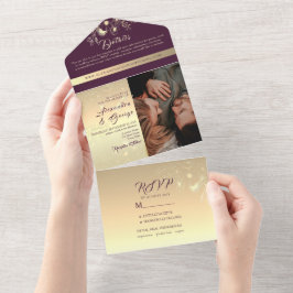 Invitación Todo En Uno Boda Caligrafía Romántica en Oro