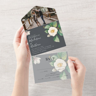 Invitación Todo En Uno Boda Camellia Japonés Blanco minimalista