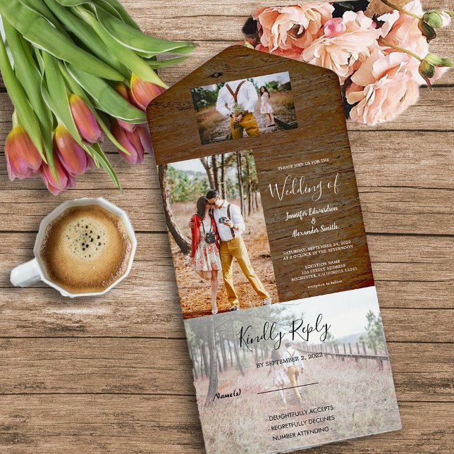 Invitación Todo En Uno Boda campestre de madera rústica con foto (Rustic wood photo all in one  wedding invitation. For your rustic country wedding.)