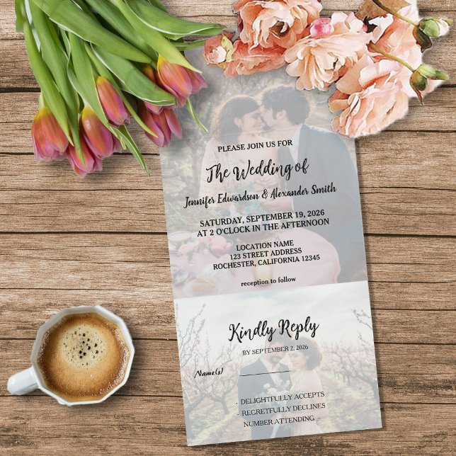 Invitación Todo En Uno Boda campestre elegante foto rústica (Rustic photo elegant country Wedding All In One Invitation. For your rustic country wedding.)