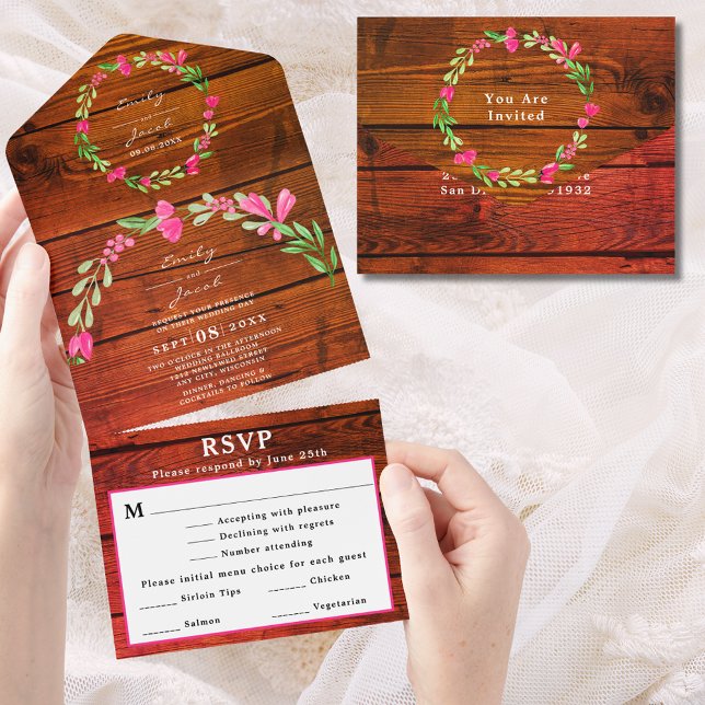 Invitación Todo En Uno Boda campestre floral rosa madera rústica marrón R (Red Brown Rustic Wood Pink Floral Country Wed RSVP All In One Invitation)