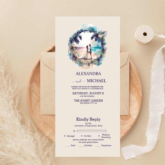 Invitación Todo En Uno Boda caprichosa con acuarela en destino de playa (Subido por el creador)