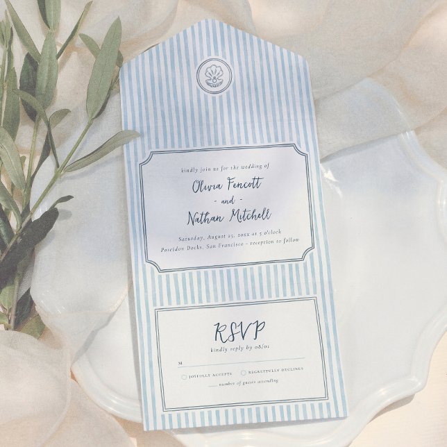 Invitación Todo En Uno Boda Caprichosa de Rayas Azules Retro (Subido por el creador)