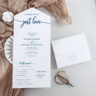 Invitación Todo En Uno Boda Casual Caligrafía Azul Chic Océano