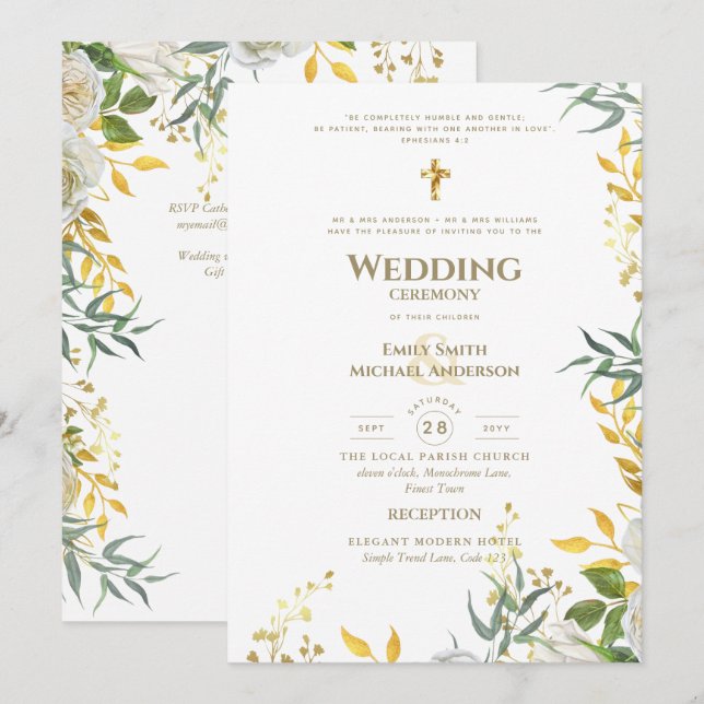 Invitación Todo en uno Boda Católica de Verde y Oro Blanco (Anverso / Reverso)
