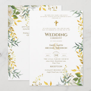 Invitación Todo en uno Boda Católica de Verde y Oro Blanco
