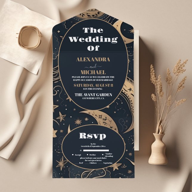 Invitación Todo En Uno Boda Celeste de oro azul de medianoche (Subido por el creador)