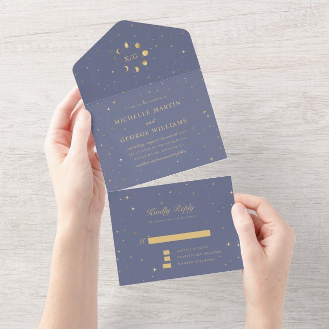 Invitación Todo En Uno boda celeste de oro (no se necesita ENV) (desgarro)
