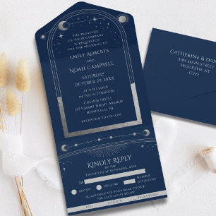 Invitación Todo En Uno Boda Celestial de Azul Marino y Plata con Sol Luna