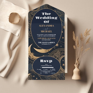 Invitación Todo En Uno Boda Celestial de Oro Azul Medianoche