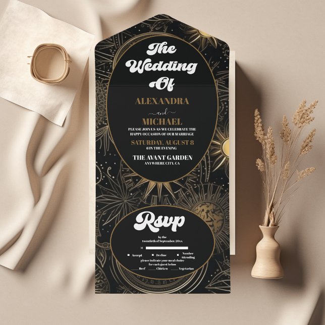 Invitación Todo En Uno Boda Celestial de Oro Negro (Subido por el creador)