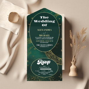 Invitación Todo En Uno Boda Celestial de Oro Verde Esmeralda