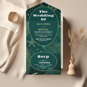Invitación Todo En Uno Boda Celestial de Oro Verde Esmeralda