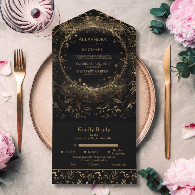 Invitación Todo En Uno Boda Celestial del Oro Negro Místico (Subido por el creador)