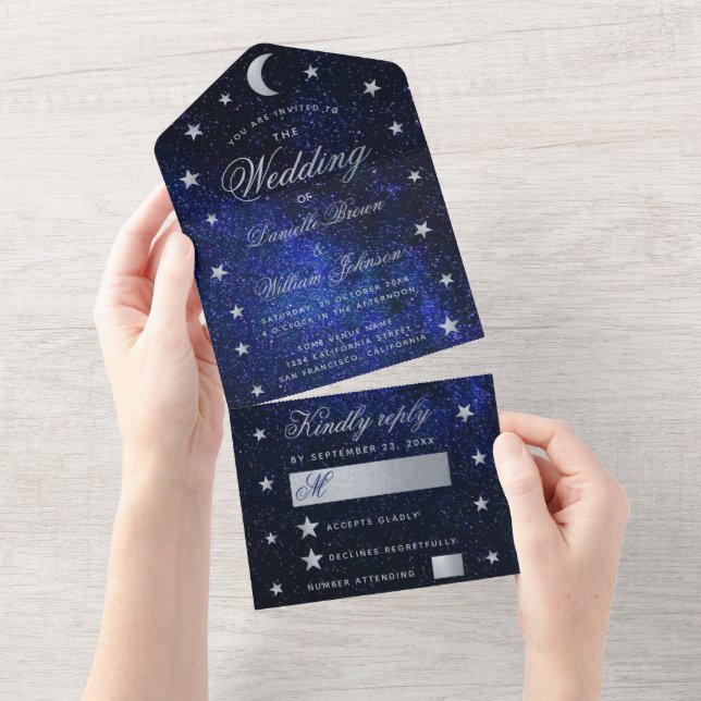 Invitación Todo En Uno Boda Celestial Elegante Blue Silver Stars Moon (desgarro)