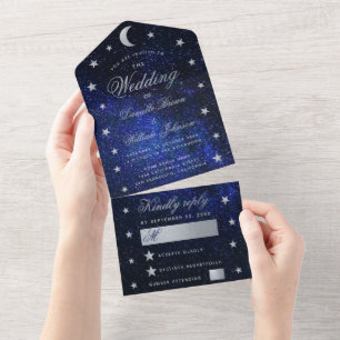 Invitación Todo En Uno Boda Celestial Elegante Blue Silver Stars Moon