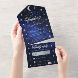 Invitación Todo En Uno Boda Celestial  Elegantes Estrellas Plateadas Luna