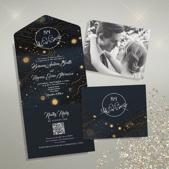 Invitación Todo En Uno Boda Celestial en Blanco y Negro (Subido por el creador)