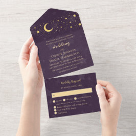 Invitación Todo En Uno Boda Celestial Luna y Estrellas Deep Purple