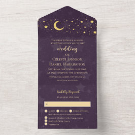 Invitación Todo En Uno Boda Celestial Luna y Estrellas Deep Purple