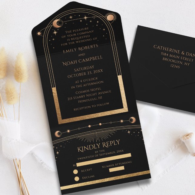 Invitación Todo En Uno Boda Celestial Mystical Black Gold Sun Moon (Subido por el creador)