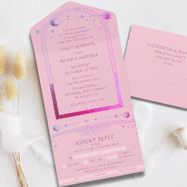 Invitación Todo En Uno Boda Celestial Rosa Púrpura Mística
