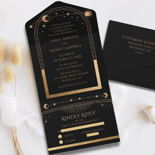 Invitación Todo En Uno Boda Celestial Sol Luna Estrellas Oro Negro