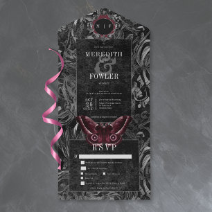 Invitación Todo En Uno Boda Cena Moth Filigrana de Vino Negro Gótico