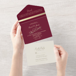 Invitación Todo En Uno Boda Chic de Oro y Borgoña