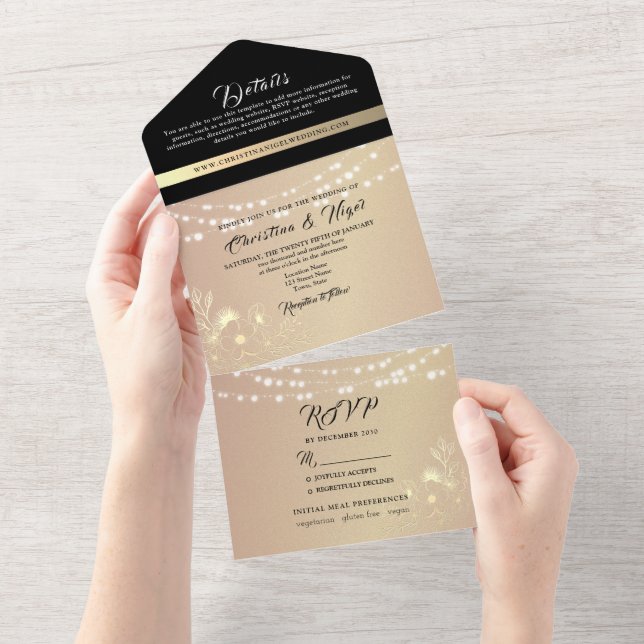 Invitación Todo En Uno Boda Chic Negra y Rosa (desgarro)