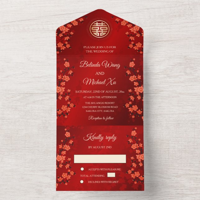 Invitación Todo En Uno Boda China Flor Oriental (Interior)